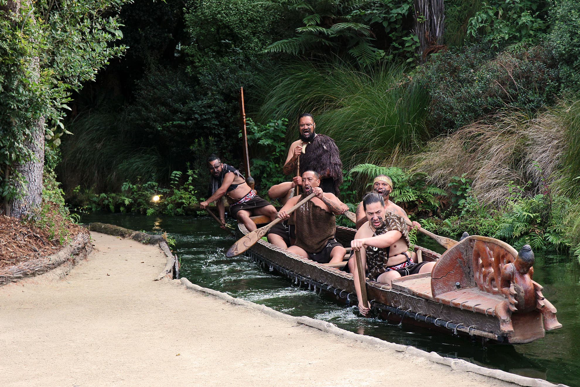 Māori war canoe (waka taua) at Tamaki Māori Village, Rotorua, New Zealand