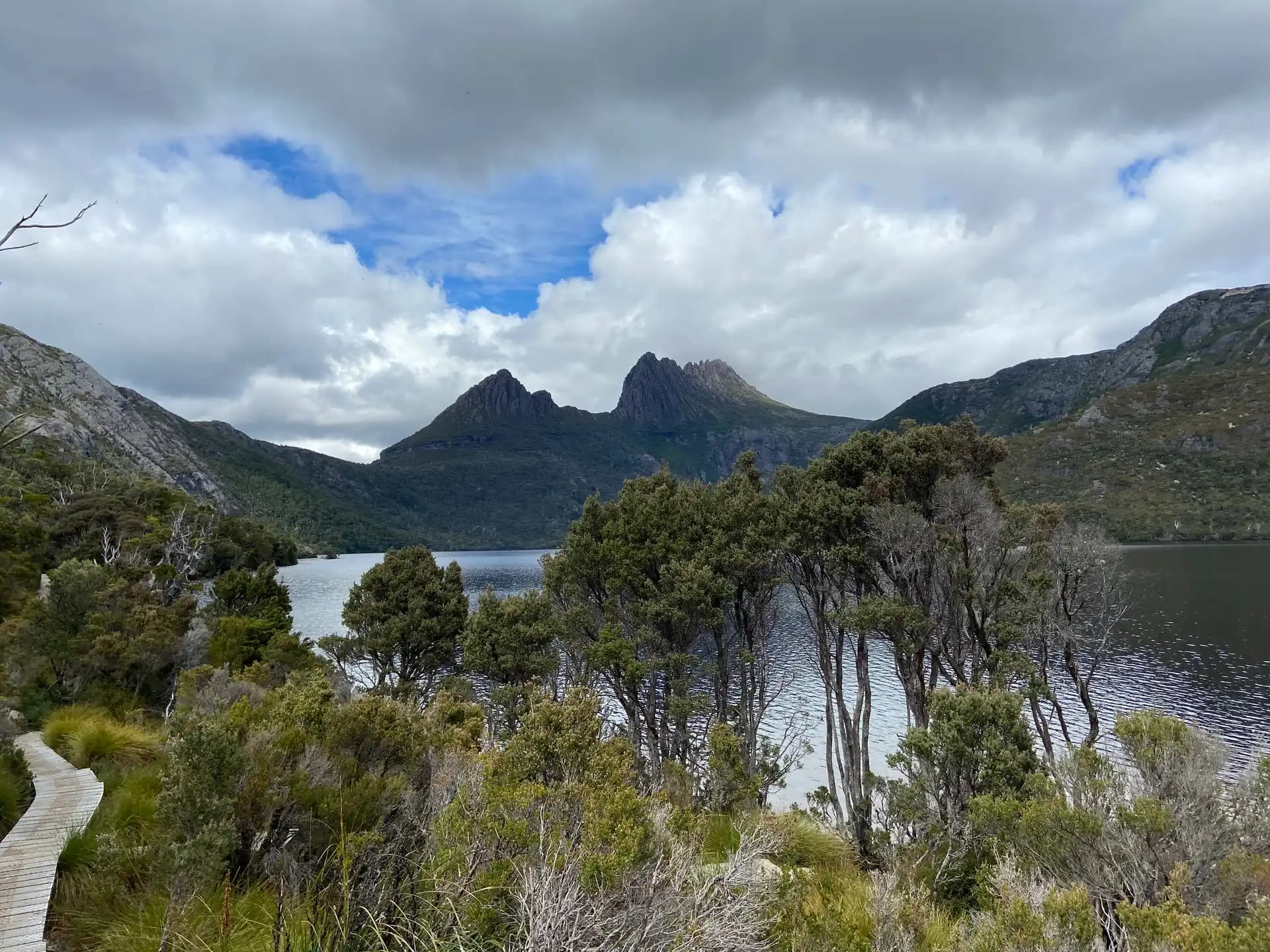 Dove Lake with Cradle Mountain reflection and boardwalk