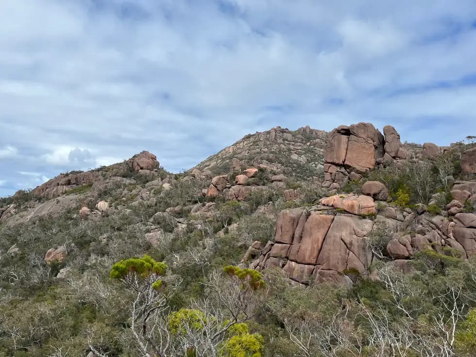 Pink granite boulders and ridge along The Hazards walking track