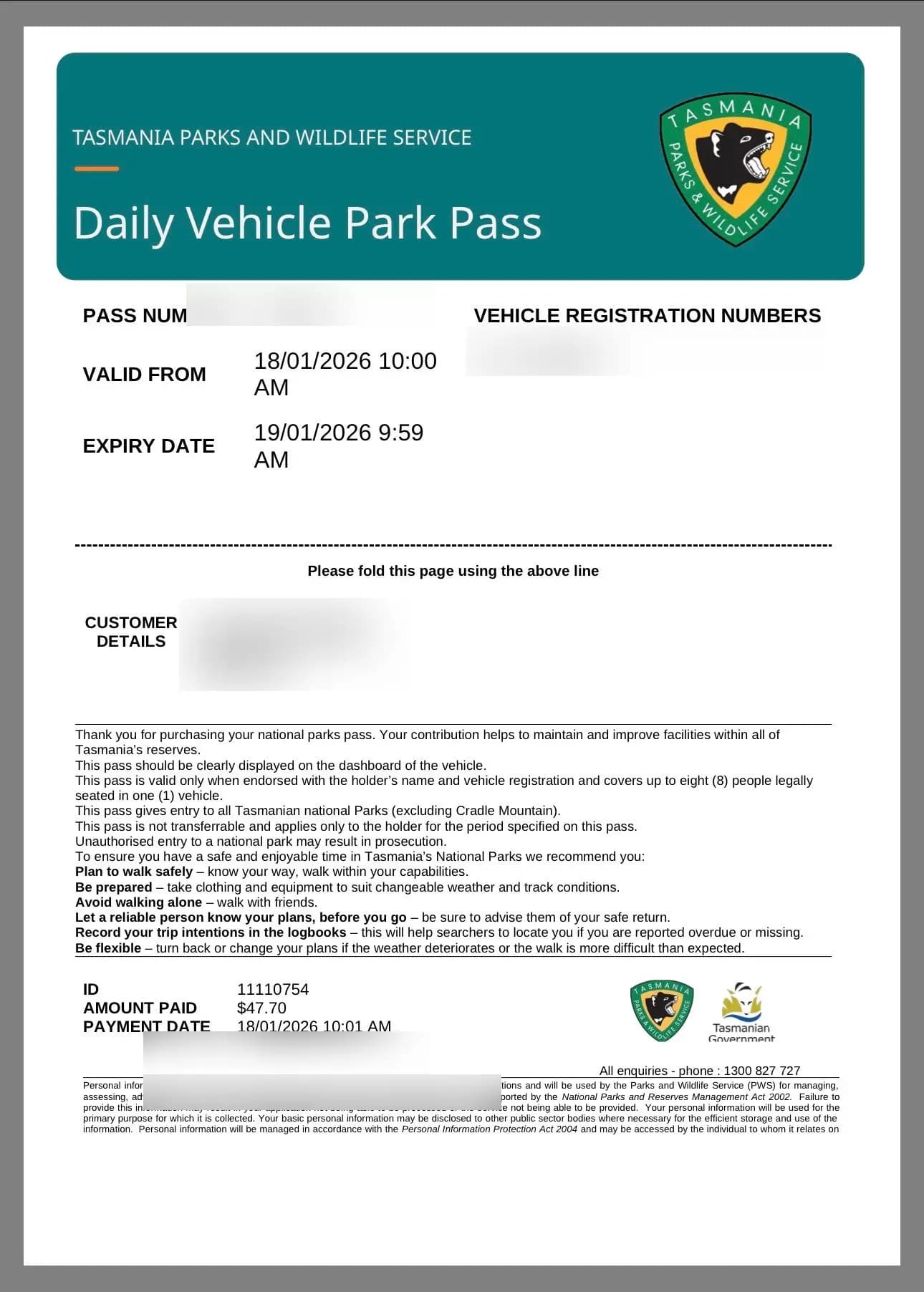 Tasmania Parks daily vehicle park pass for Freycinet National Park